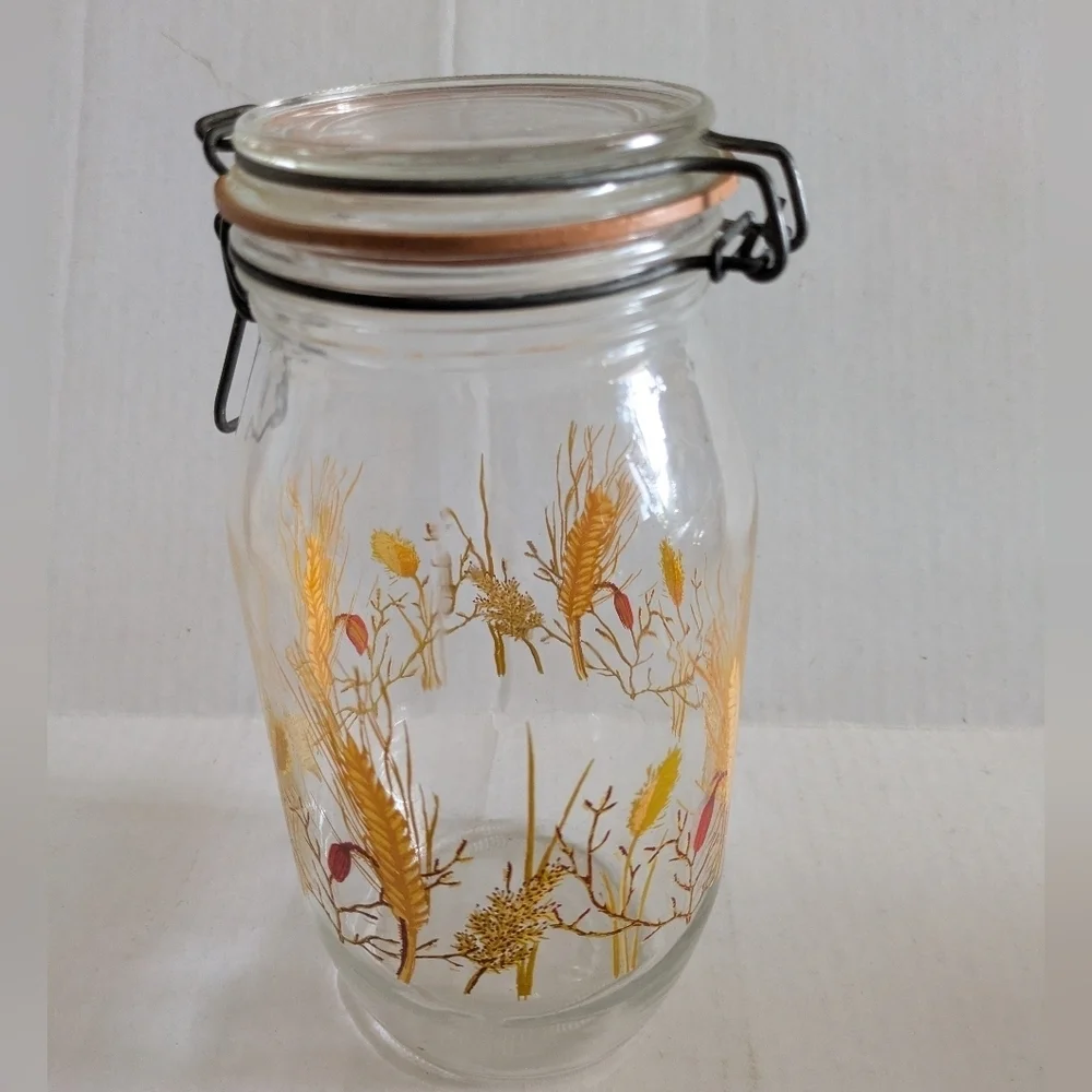Vintage Glass Jar Canister Storage Botanical Wheat Arc France 2 L